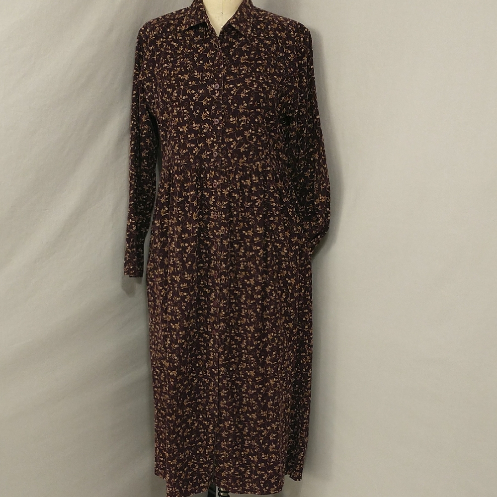 Floral Corduroy Dress LL Bean Soft 100% Cotton Fine Wale Neutral Modest Classic